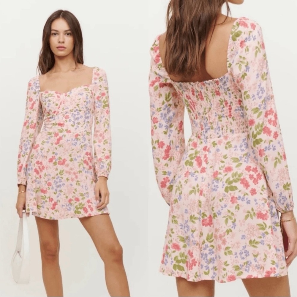 Reformation Pink Floral Square-Neck Mini Dress